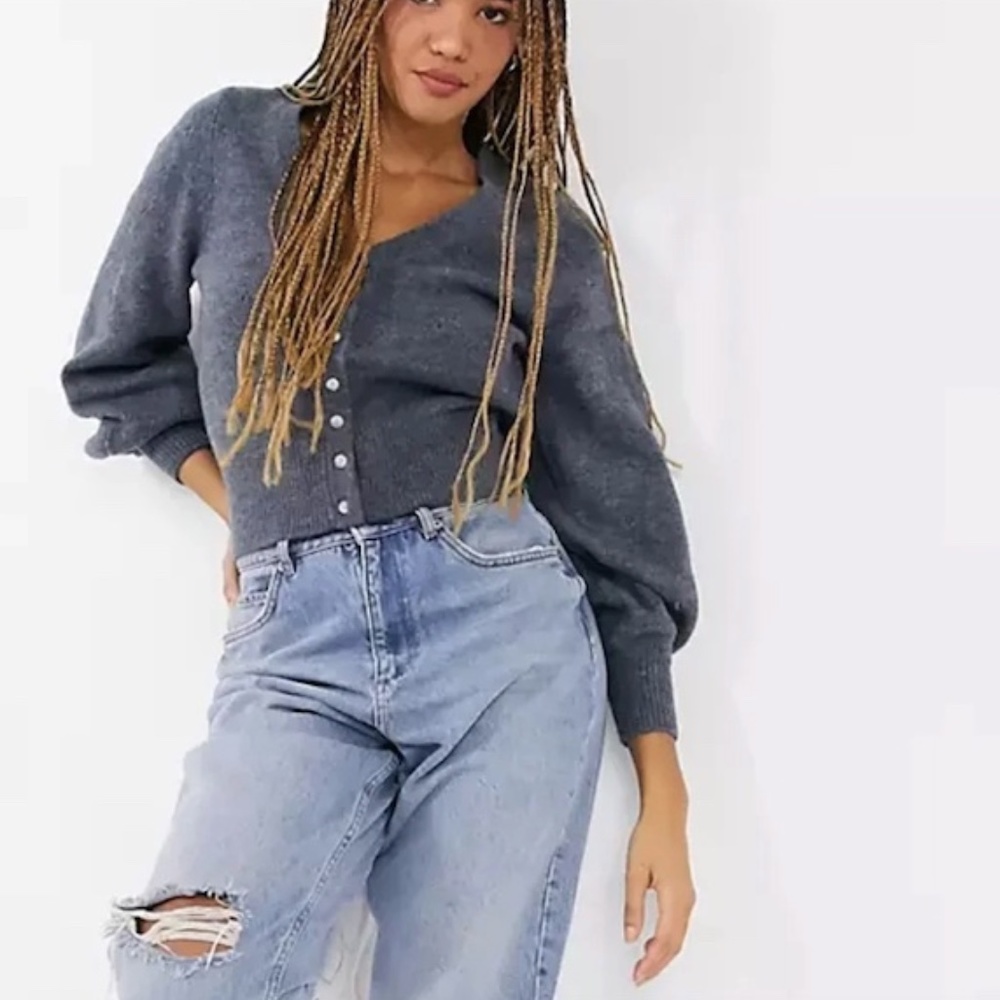 Abercrombie & Fitch Cropped Cardigan Balloon Sleeves Eyelet Pattern Blue/Gray XS